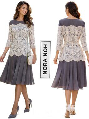 NORA NOH Designer Romantic Ivory Lace Overlay Soft Gray Pleated Midi Dress Sz 8